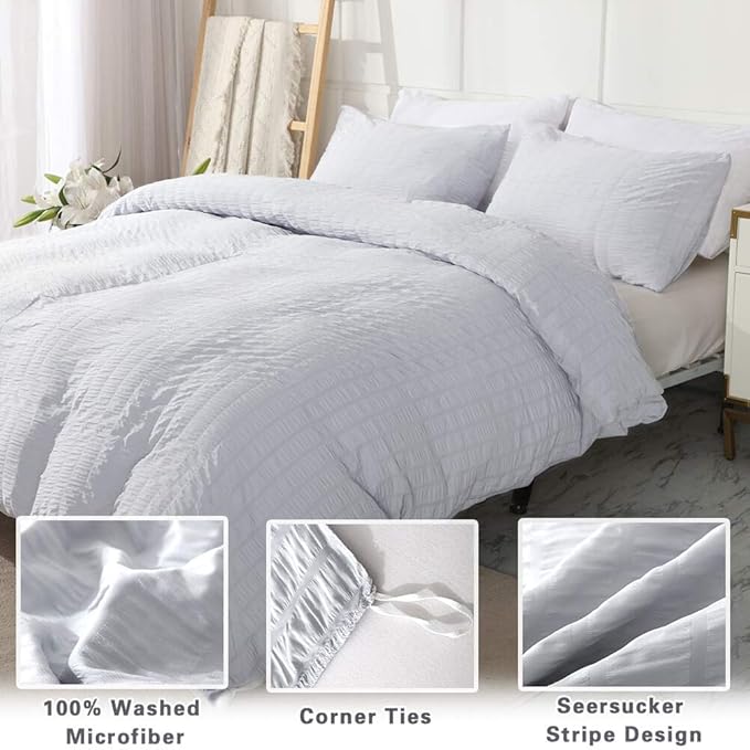 AveLom Seersucker Duvet Cover Set Queen Size, 3 Pieces, Light Gray Ultra Soft - Image 2