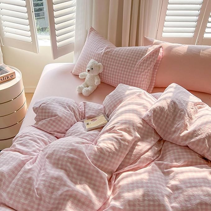 Nayoroom Gingham Duvet Cover Full Size Pink White Plaid Checkered Comforter - Image 3