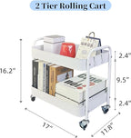 LIWNYRK 2 Tier Metal Rolling Cart with Wheels for Under Desk Storage & Pantry Storage, High Load-Bearing Kitchen Utility Cart for Small Space, Laundry Room Organization Side Table with 4 Hooks, White