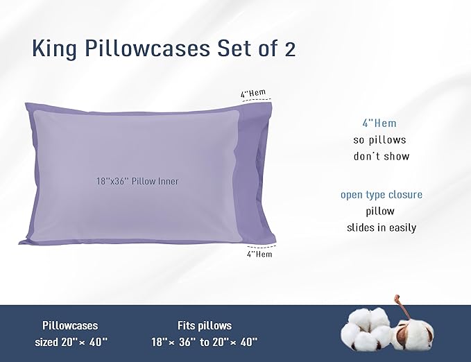 Pillow Cases, King Size Cotton Percale Weave Pillowcases, Pre-Shrunk Breathable - Image 3