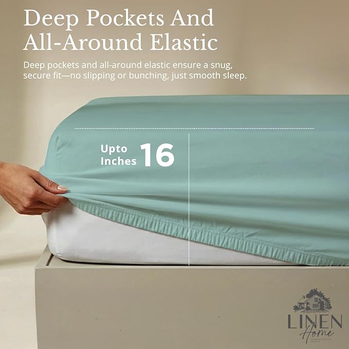 Linen Home 100% Cotton Percale Sheets King Size, Aqua Blue, Deep Pocket - Image 4