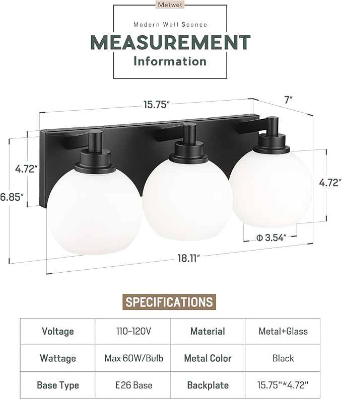 Bathroom Light Fixtures, 3-Light Matte Black Vanity Light, Modern Wall Sconces - Image 3