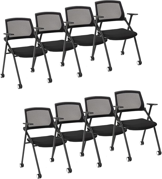 VACYOVKE 8 Pack Executive Office Chairs with Caster Adjustable Armrest Ergonomic Mid-Back Breathable Mesh Foldable Conference Reception Chair Set for Home School Waiting Room
