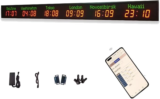 Digital World Time Zones Clock for 6 Cities, Adjustable Brightness LED Display, Aluminum Alloy, 1000CD Brightness for Office, Hotel, School - 15-20m Visibility