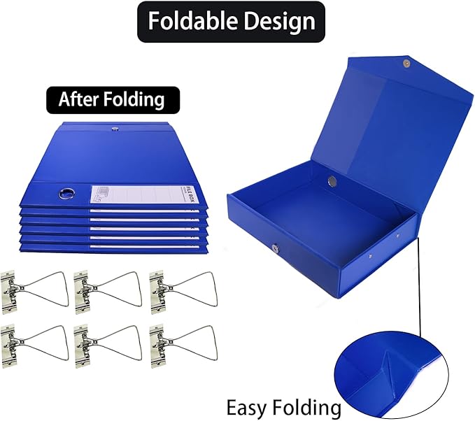 URbantin 6 Pack Foldable Plastic Box Files A4 with Metal Clip,65mm Spine,Document Archive Folders for Office（Blue）