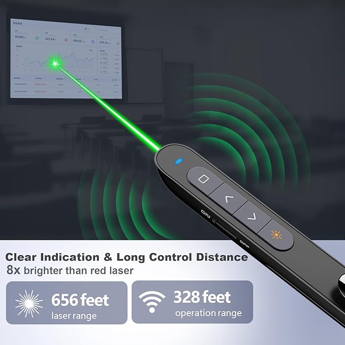 Norwii N76 Rechargeable Presentation clicker, Long Range Presentation Remote, Wireless Presenter, Pointer for PowerPoint Presentations, Slide Control - Green Light+Case