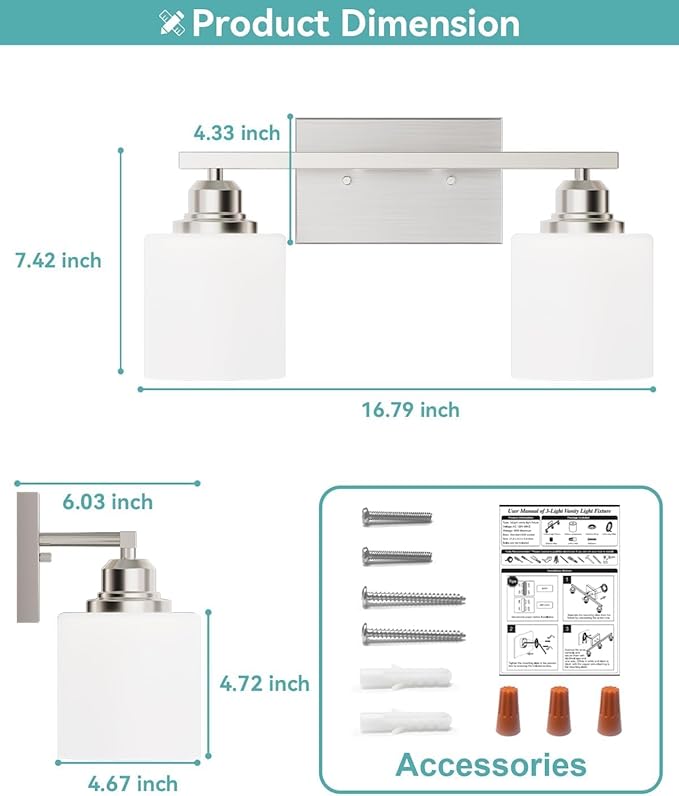 Sailstar Bathroom Light Fixtures 2-Light, Brushed Nickel Vanity Lights Fixtures - Image 6
