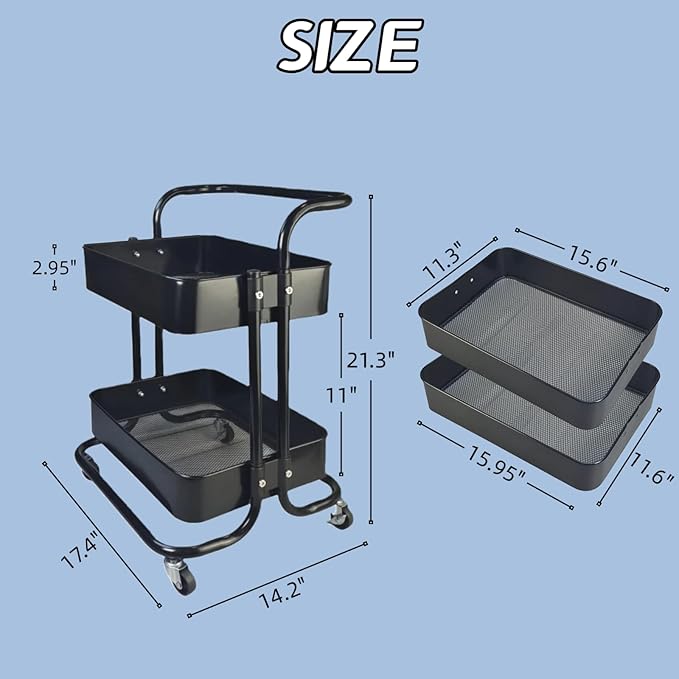 Ufriandz 2 Tier Rolling Utility Cart with Wheels All-Metal Short Pantry Cart Under Desk Storage Trolley with Handle, Small Rolling Storage Shelf for Small Space Kitchen Laundry Room Bathroom, Black