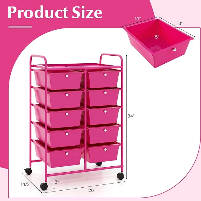 GOFLAME 10-Drawer Rolling Storage Cart, Art Craft Storage Organizer on Wheels, Multipurpose Movable Utility Cart for School, Office and Home, Hot Pink