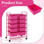 GOFLAME 10-Drawer Rolling Storage Cart, Art Craft Storage Organizer on Wheels, Multipurpose Movable Utility Cart for School, Office and Home, Hot Pink