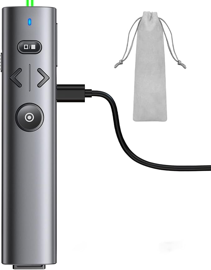 Wireless Presentation Clicker with Green Laser Pointer, Volume Control USB Type C Slide Presenter Remote for Keynote/PPT/Mac/PC/Laptop Office