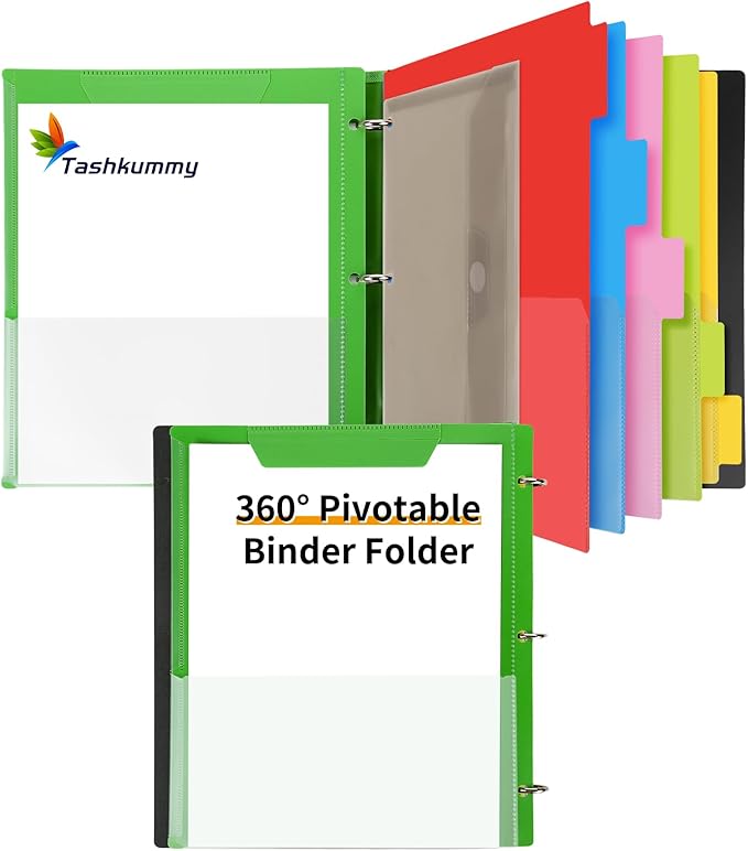 Tashkummy 360 Pivotable Project Organizer, 3 Ring Binder with Colored Tab Dividers and Pockets, Customizable Front Cover Multi Pocket Folder for Home, School, Office - Green
