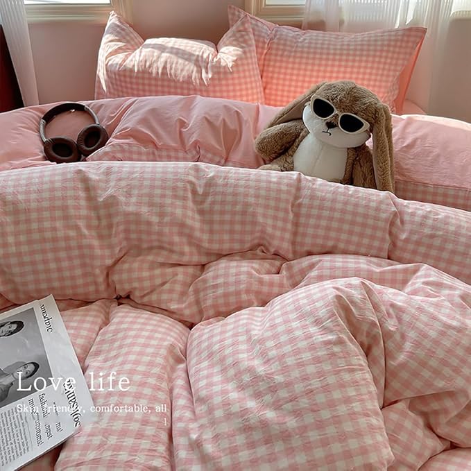 Nayoroom Gingham Duvet Cover King Size Reversible Pink Plaid Checkered Duvet - Image 3