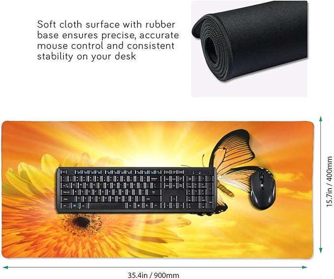 CANFLASHION Gaming Mouse Pad,Large Mouse Pads for Desk,Non-Slip Rubber Base Extended Mousepad,XXL Keyboard Mouse Mat,Computer Keyboard Desk Pad with Stitched Edges,35.4x15.8inch,Flower Sun Butterfly