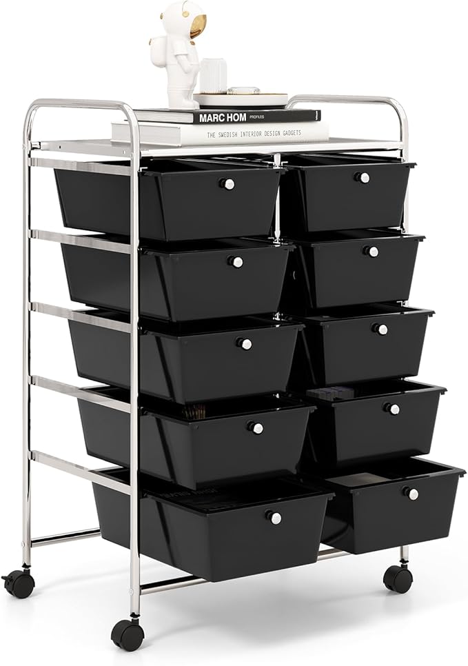 GOFLAME 10-Drawer Rolling Storage Cart, Art Craft Storage Organizer on Wheels, Multipurpose Movable Utility Cart for School, Office and Home, Black