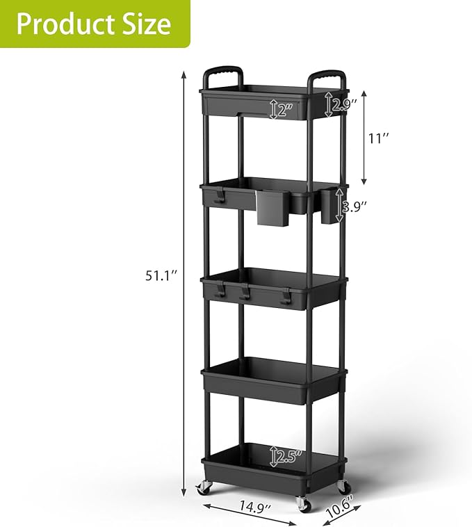 Sorgion 5 Tier Rolling Cart Organizer,Bathroom Cart Organizers with Wheels Laundry Room Organization Mobile Shelving Unit Utility Cart Storage Shelves Multi-Functional for Office, Home(Black)