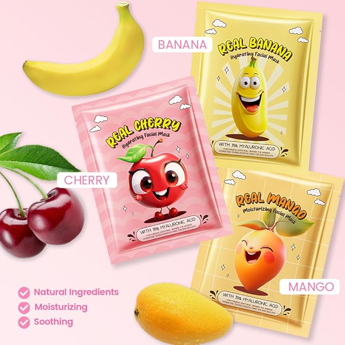 Kaely 6 Pack Fruit Face Masks for Kids, Kids Face Mask Spa Day Kit Supplies - Image 2