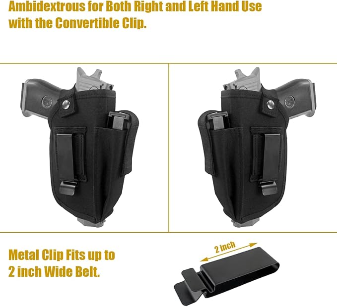 Concealed Carry Gun Holster with Mag Pouch Fits Handgun with Laser Light Mounted IWB OWB Ambidextrous Use by Convertible Clip