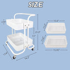 Ufriandz 2 Tier Cart with Wheels Under Desk Storage with Handle, Metal Rolling Pantry Cart for Kitchen White Small Rolling Basket for Laundry Room Bathroom, Utility Shelf Organizer for Small Space