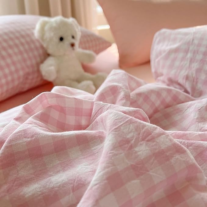 Nayoroom Gingham Duvet Cover King Size Pink White Plaid Checkered Comforter - Image 6