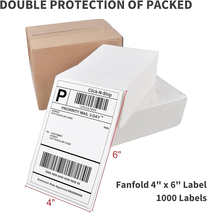 L LIKED 1000 4x6 Thermal Shipping Labels Fanfold, Direct Thermal Printer Labels Compatible with Zebra Rollo - Perforated Strong Adhesive