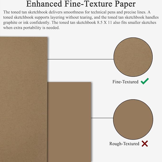 Fuxi Toned Tan Sketchbook 8.5x11, 60 Sheets Acid- Free Tan Paper, Spiral Bound Sketch Book, Hardcover | Ideal for Artists, Students & Classrooms.