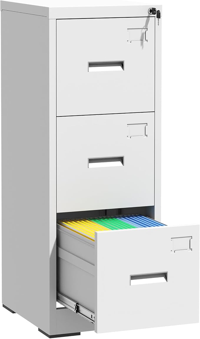 Reegangfa 3-Drawer File Cabinet with Lock, Metal Vertical Filing Cabinets for Home Office, Lockable Narrow Heavy-duty Steel Storage Cabinet with Tag,Hanging Letter/Legal/A4Size,Assemble Required,White