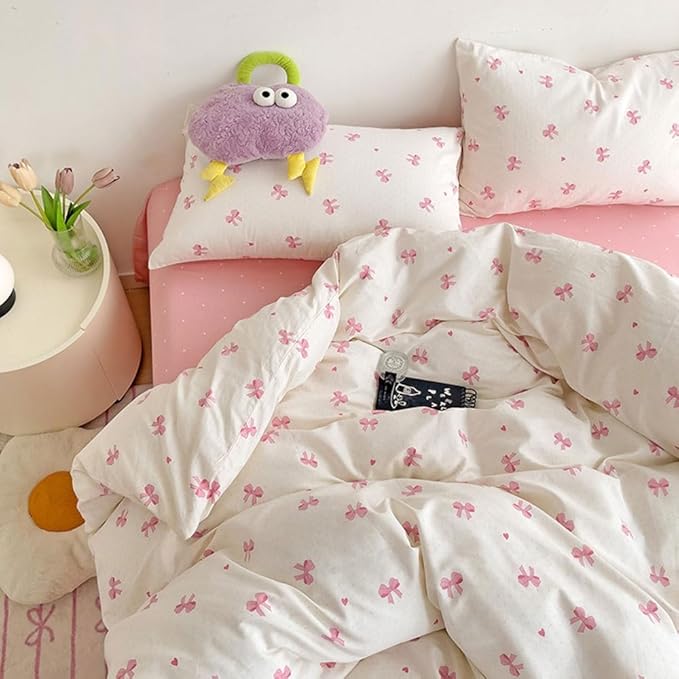 Nayoroom Pink Bow Duvet Cover Queen Size Heart Bows Printed Coquette Bedding - Image 4