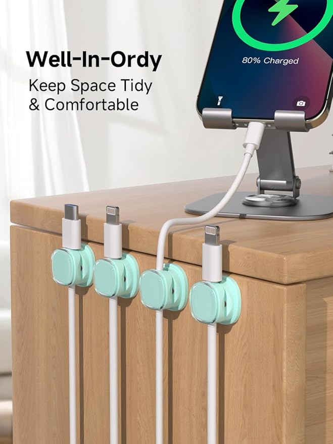 Magnetic Cable Clips, Adjustable Cord Holder Management, Adhesive Wire Keeper Organizer for Home Office Desk Phone PC Car Wall Desktop Nightstand Appliance (9-PCS Cyan)