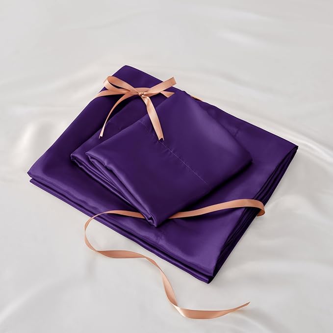 BEDELITE Satin Sheets Twin Size Bed Set, Luxury Soft Plum Purple Silky Sheets - Image 7