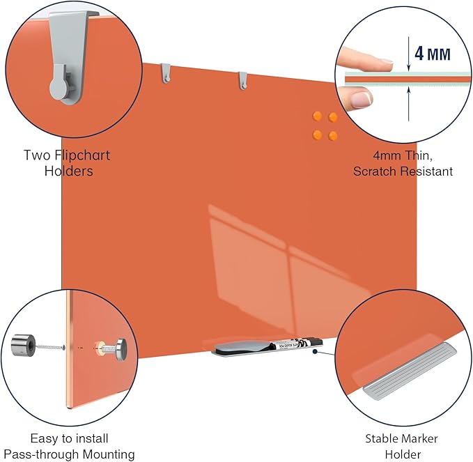 TSJ OFFICE Glass Dry-Erase Board - 36 x 24 Inches Wall Mounted Magnetic Whiteboard, Large Frameless Glass White Board for Office, Home & School, Orange