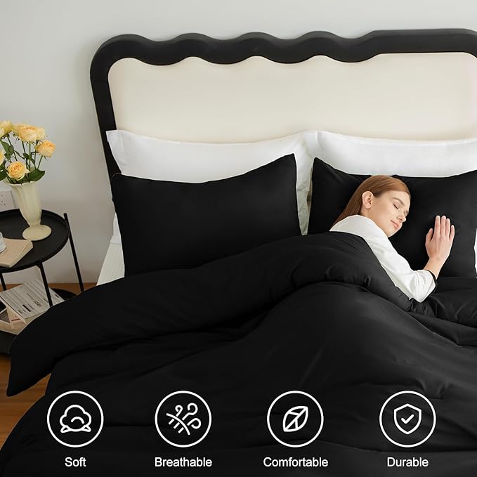 CozyLux Oversized Queen Comforter Set Black, 3 Pieces 98x98 Solid Breathable - Image 4