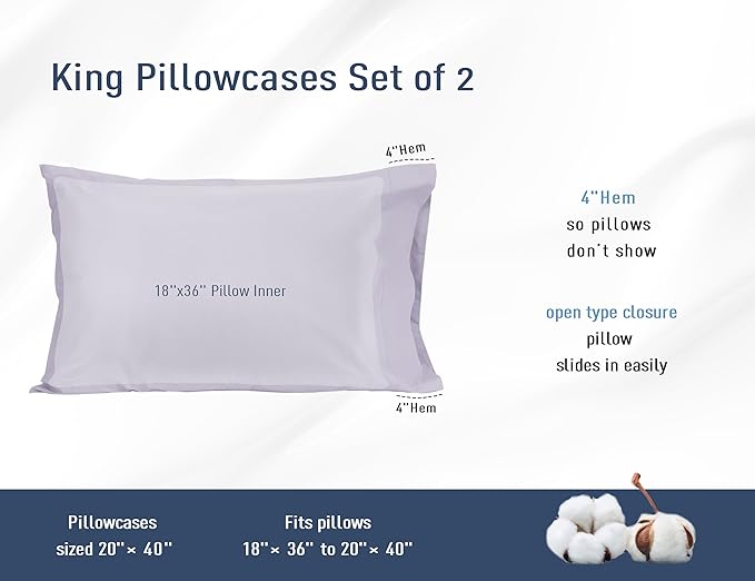 Pillow Cases, King Size Cotton Percale Weave Pillowcases, Pre-Shrunk Breathable - Image 3