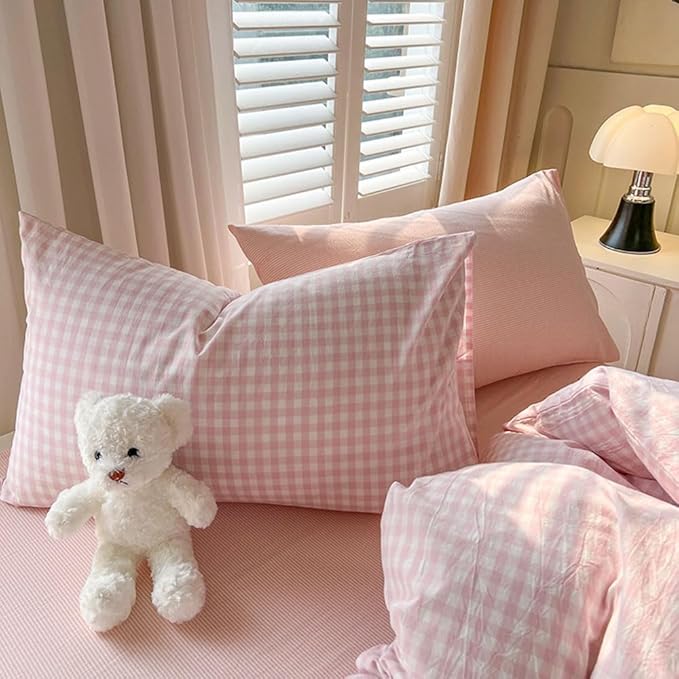 Nayoroom Gingham Duvet Cover King Size Pink White Plaid Checkered Comforter - Image 7