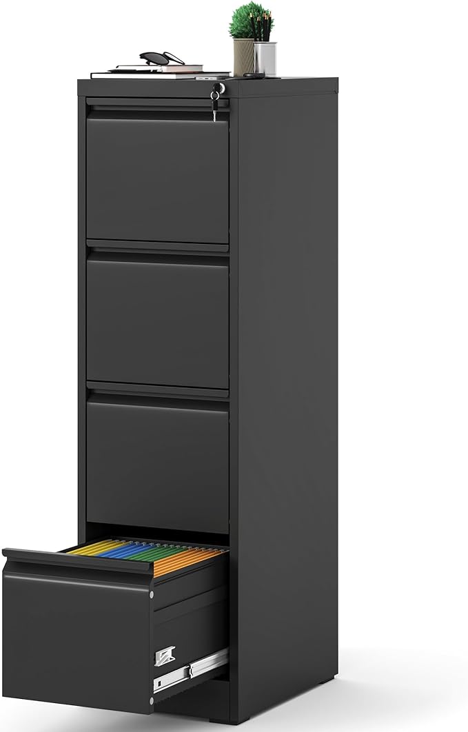 Reegangfa 4 Drawer File Cabinet with Lock, 18" D Metal Vertical Filing Cabinets, Steel File Storage Cabinets for Home Office, Hanging A4 Legal/Letter Size Narrow File Cabinet, Assembly Required