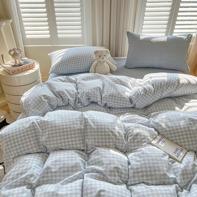Nayoroom Gingham Duvet Cover Queen Size Blue White Plaid Checkered Comforter - Image 3