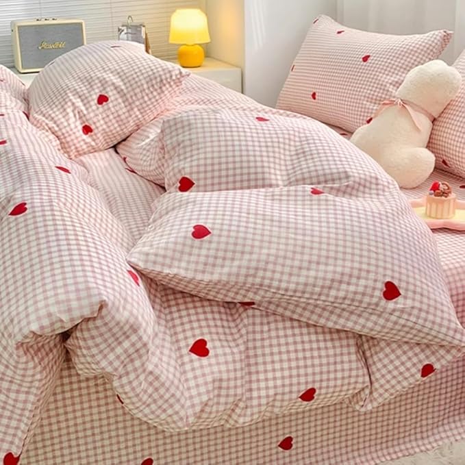 Nayoroom Gingham Duvet Cover Queen Size Pink Plaid Red Heart Printed on White - Image 3
