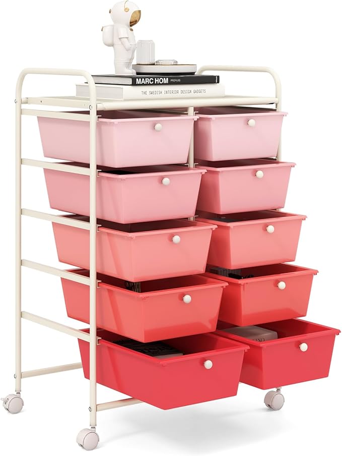 GOFLAME 10-Drawer Rolling Storage Cart, Art Craft Storage Organizer on Wheels, Multipurpose Movable Utility Cart for School, Office and Home, Pink