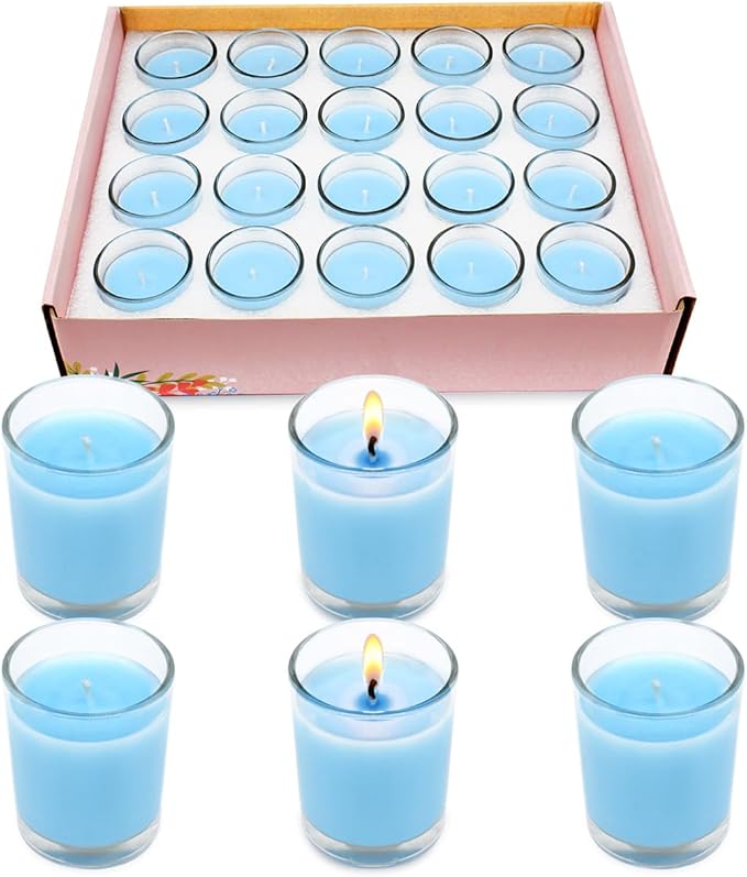 Set of 20 Babyblue Votive Candles Clear Glass Filled Unscented Soy Wax Candle - Image 6
