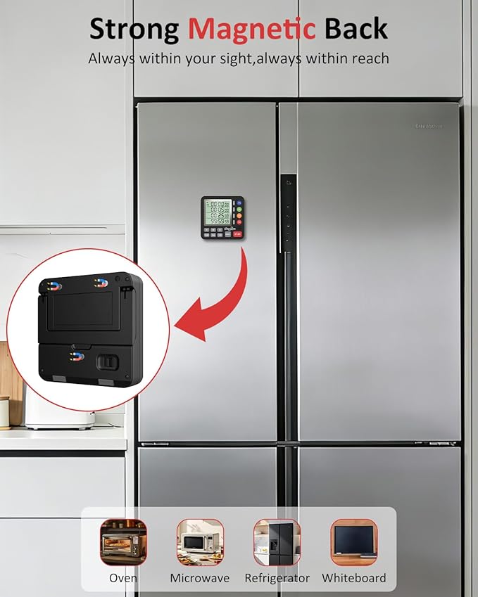 Digital Kitchen Timer for Cooking - 4 Channel Count Up Countdown Timer with Loud Alarm and Silent Mode, Large Display, Magnetic Back, Auto Memory for Classroom Study Gym, Battery Included (Black)