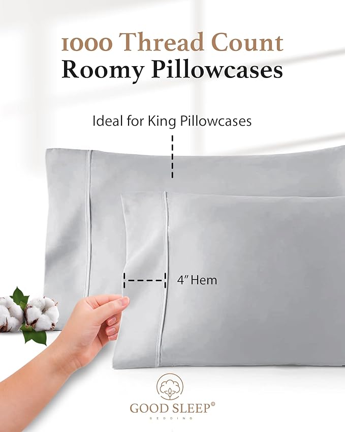 1000 TC Light Gray King Pillowcases Set of 2 100% Egyptian Cotton Pillow Cases - Image 3