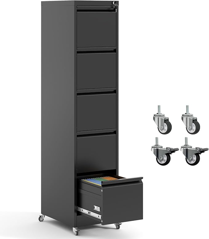 IKIMI 5 Drawer Locking File Cabinet with Wheels,Metal Mobile Filing Cabinets,Black Vertical File Cabinet for Home Office,Heavy Duty Storage Cabinet for A4/Letter/Legal Size File,Assembly Required