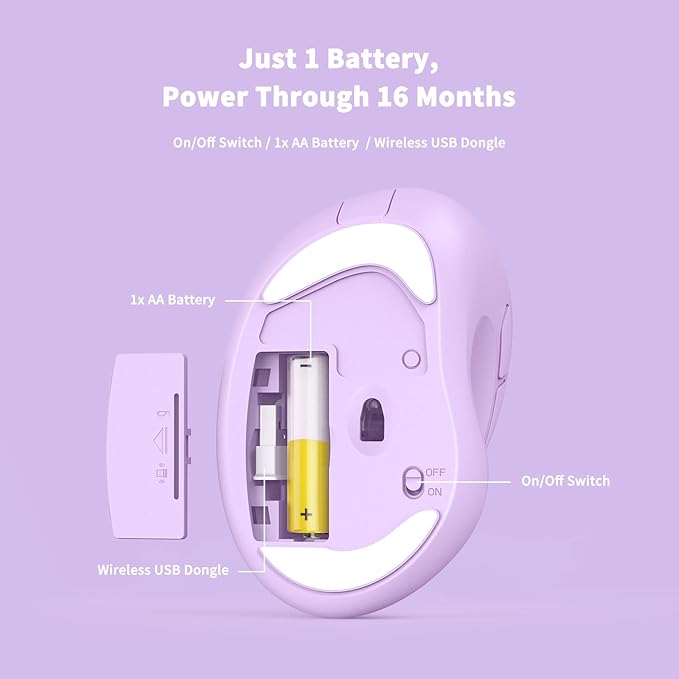 Ergonomic Wireless Mouse with USB Receiver for PC Computer, Laptop and Desktop, Ergo Mouse Vertical with Silent Clicks Long Battery Life, Up to 1600 DPI & 1 AA Battery Powered, Purple