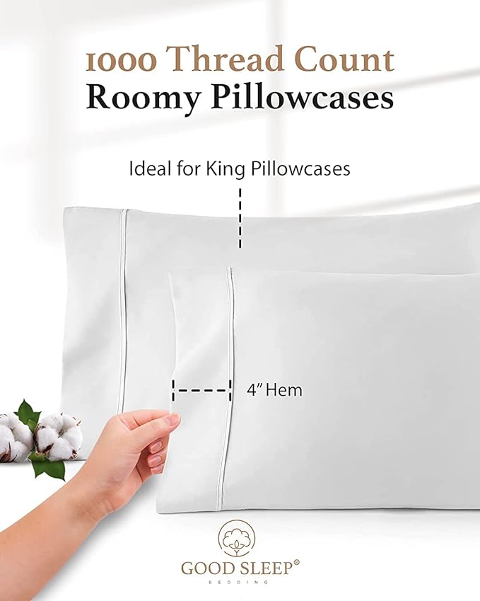 1000 TC White King Pillowcases Set of 4 100% Egyptian Cotton Pillow Cases - Image 3