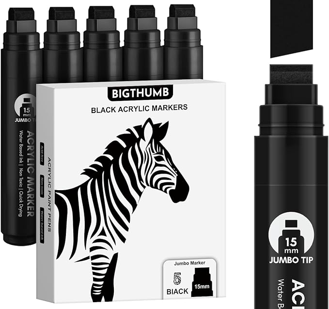 BIGTHUMB Black Poster Markers Jumbo: 5 Pcs 15mm Wide Tip Thick Acrylic Paint Pen Large Permanent Calligraphy Markers for Rock Painting, Stone, Poster, Canvas, Glass, Wood, Ceramic