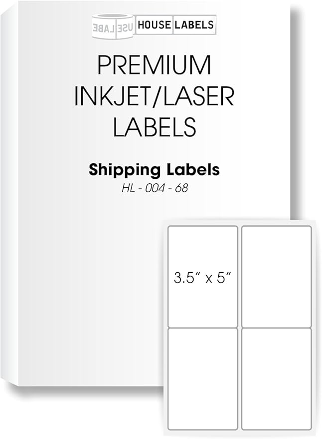HOUSELABELS 4-up Shipping Labels (3-1/2" x 5") for Laser and Inkjet Printers, 500 Sheets