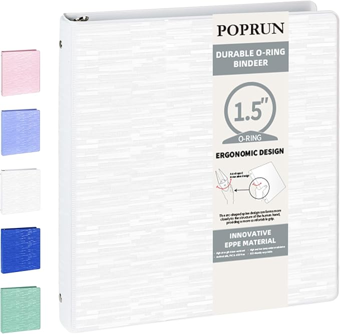 POPRUN 3 Ring Binder 1.5 Inch, PVC-Free, Holds 325 Sheets of 8.5 x 11 Paper, Extra Durable Organizer with 2 Pockets for School & Office, Heavy-Duty, 1 Pack, White