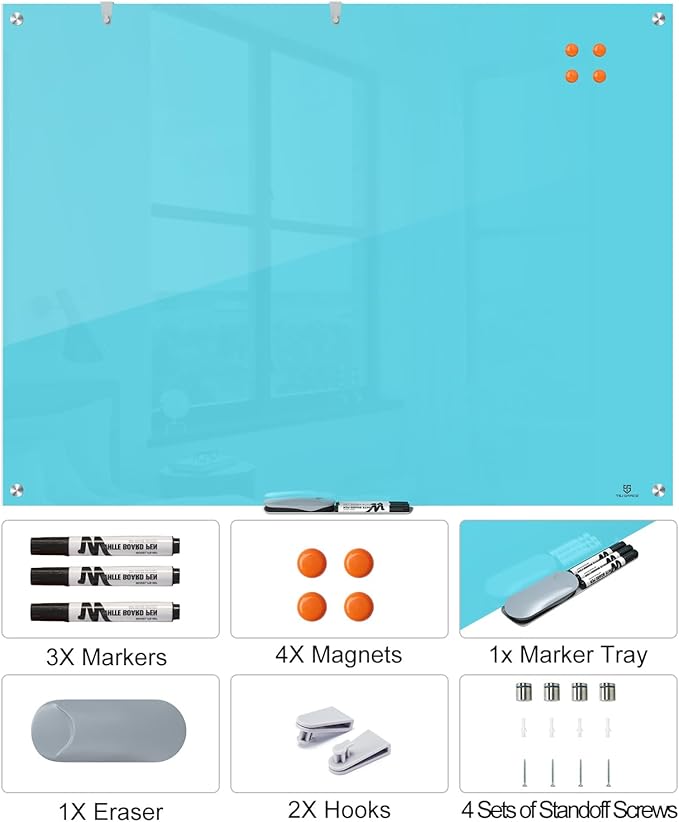 TSJ OFFICE Glass Dry-Erase Board - 48 x 36 Inches Wall Mounted Magnetic Whiteboard, Large Frameless Glass White Board for Office, Home & School, Blue