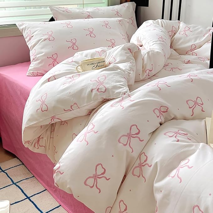 Nayoroom Pink Bow Duvet Cover Queen Size Polka Dot Bowknot Coquette Duvet Cover - Image 3
