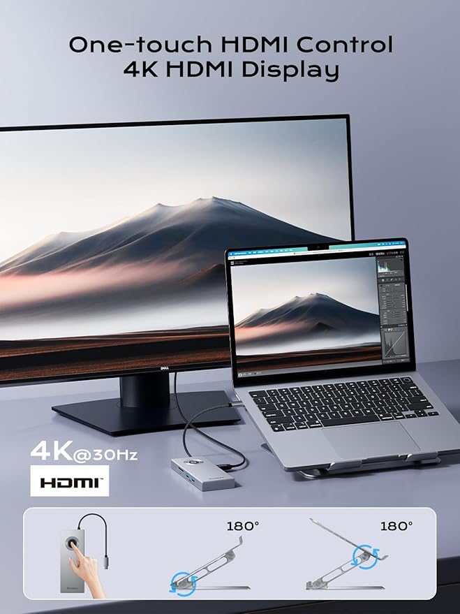 minisopuru USB C Laptop Docking Station Stand with 4K HDMI, 100W PD, Docking Station for MacBook Pro/Air/Dell/HP/Surface, Adjustable Laptop Stand for 10-17" Laptops & Tablet(4 USB A, RJ45, SD3.0)